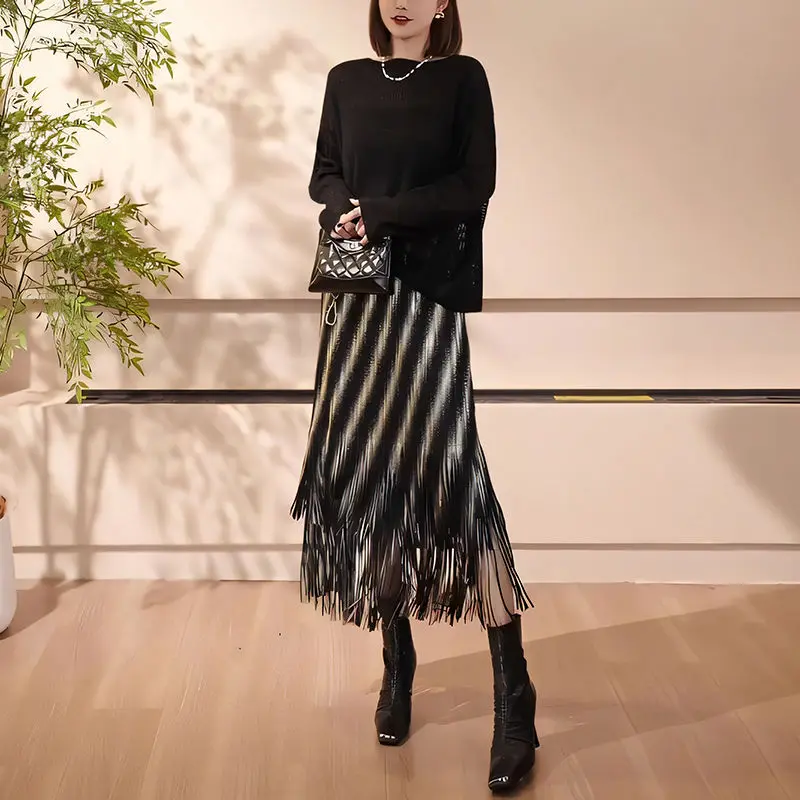 

Women Clothing Spring Autumn Fashion Simplicity Fashionable Tassel Black White A-line Skirt Female Temperament Striped Slim Skir