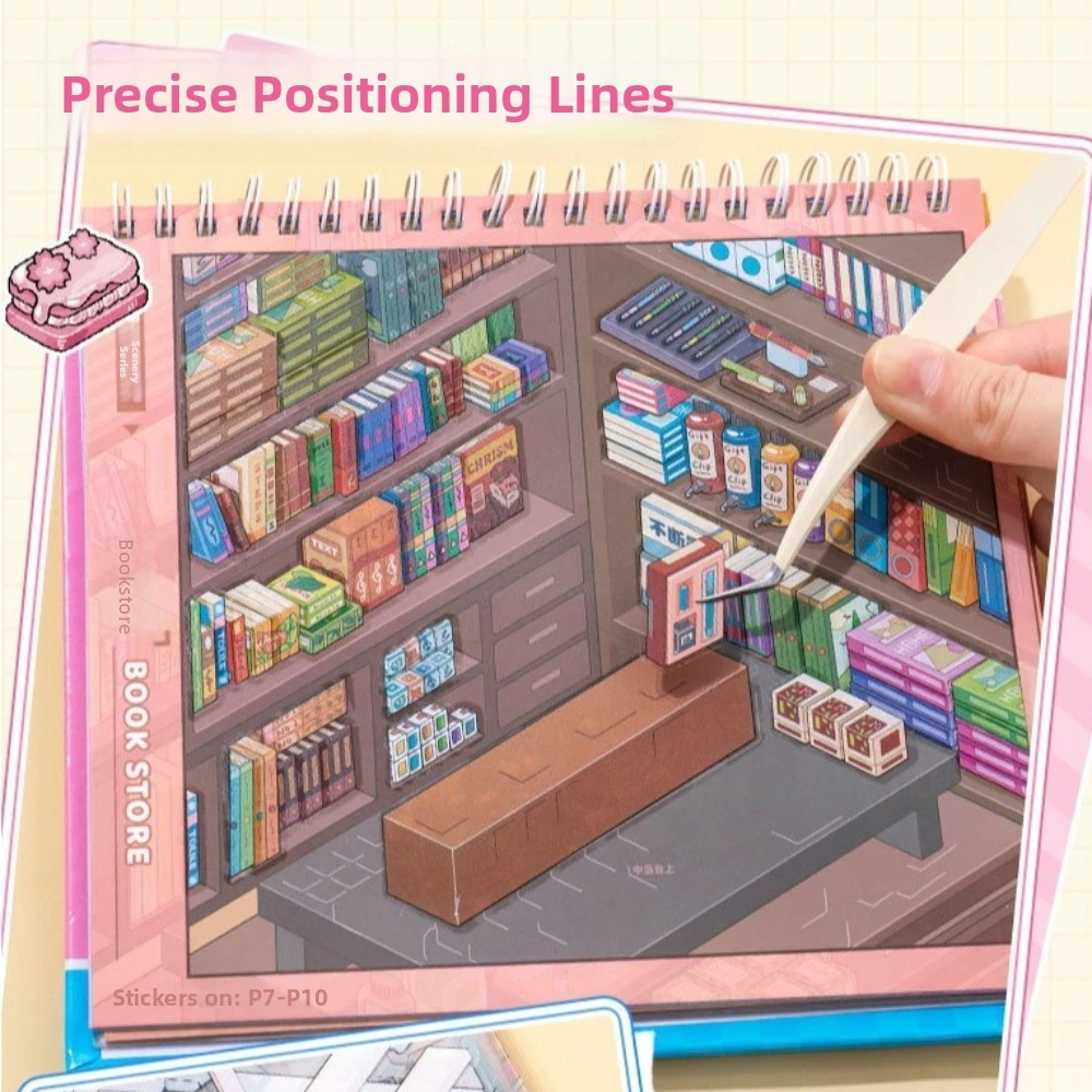 ショップテーマ-ミニチュアシーンステッカー-10シーン-郵便局-ベーカリー-3dステッカーブック-書店-魔法屋-pet風景ステッカー