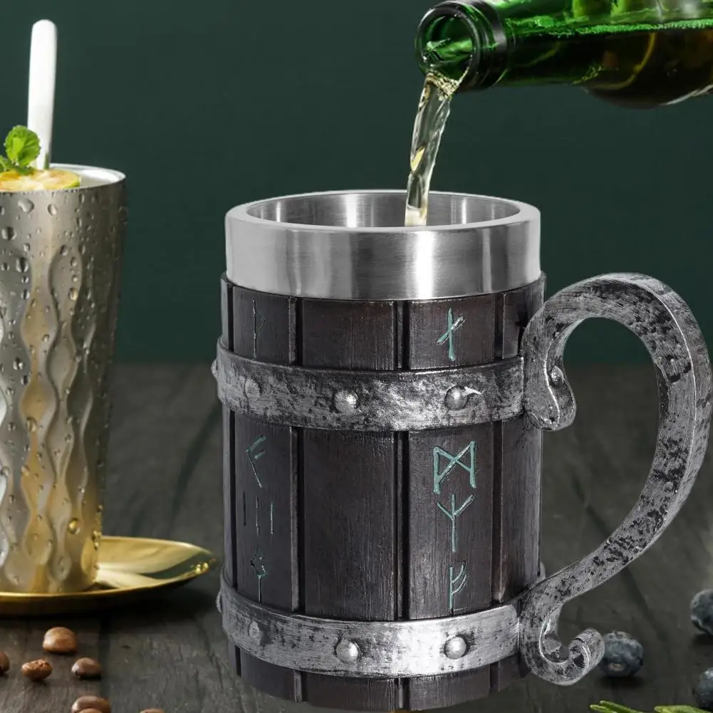 Viking Beer Mug Simulation Wooden Barrel Beer Cup Creative Resin Double Layers Stainless Steel Wine Cups Bar Party Coffee Cup