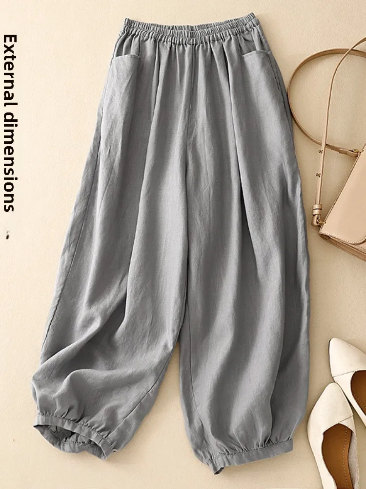 Pantaloni lanterna estivi in cotone e lino sottile da donna Elastico in vita di grandi dimensioni Nascondi pantaloni di lino casual a gamba larga per mamma sottile