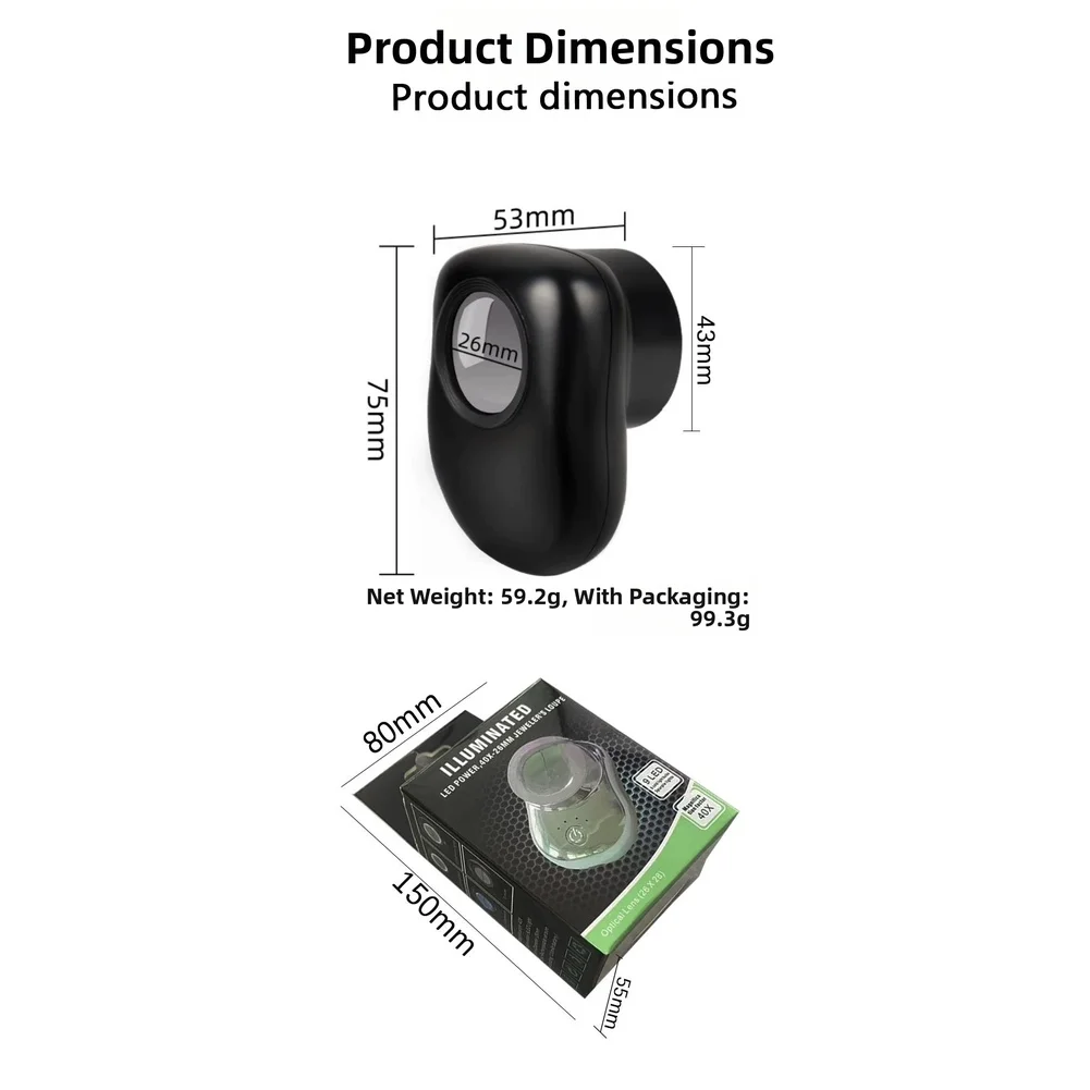 Rechargeable 40X Magnifier with Dual LED Light and 0.5mm Scale Compact Design for Jewelry Stamp Collectible Use