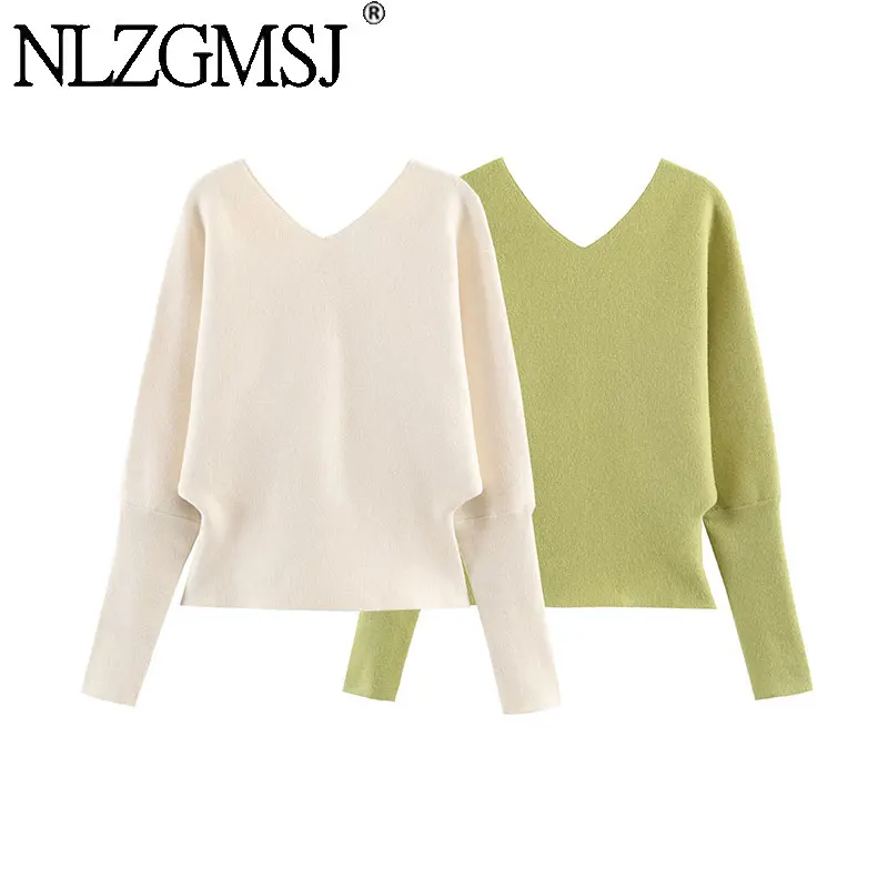 Nlzgmsj 2026 Frühling Neue Gestrickte Damen-Pullover mit Fledermausärmeln V-Ausschnitt Tunika-Pullover Modische Schlichte Oberteile