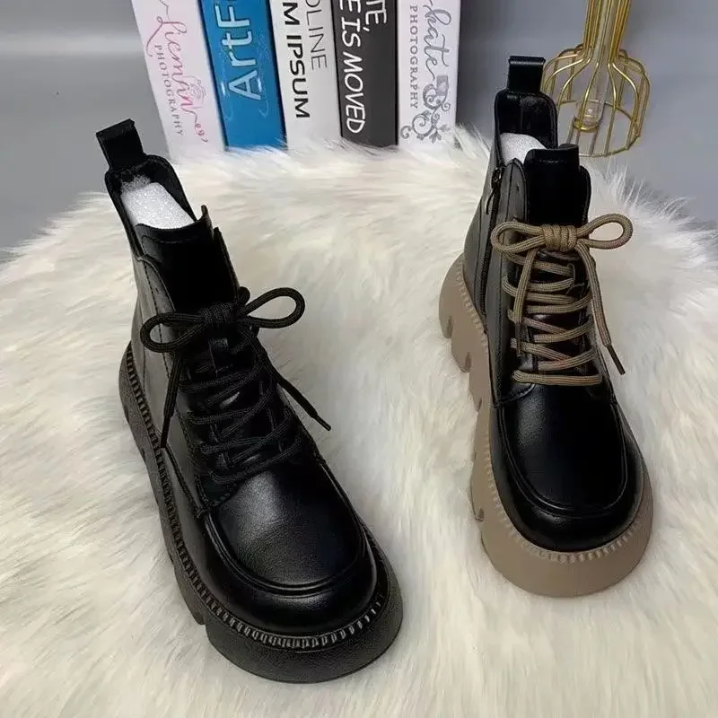 

Women's 2025 Spring and Autumn New Soft Leather Retro Boots Fashion Thick Soled Tall Short Boots Round Head Strap Short Boots