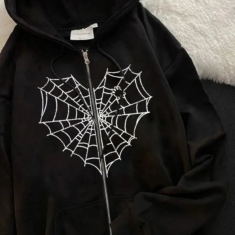 Neue Frauen Halloween Y2K Hoodies Langarm Reiß verschluss Kapuzen pullover Jap Korean Ins Style Spinnennetz bedruckte Tops 300g