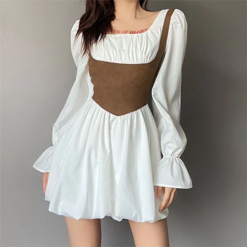 

French Retro Palace Style Square Neck Bubble Sleeve Long Sleeved Girdling White Dress Women Summer Princess Puffy Dress Girls