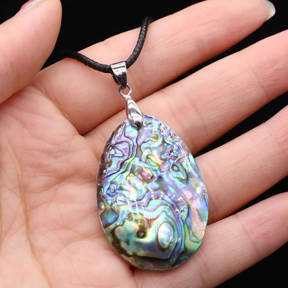 One-sided Natural Abalone Shell Drop Shape 28x40mm Pendant 50cm Men Leather String Shell Necklace for Women Charm Chakra Jewelry