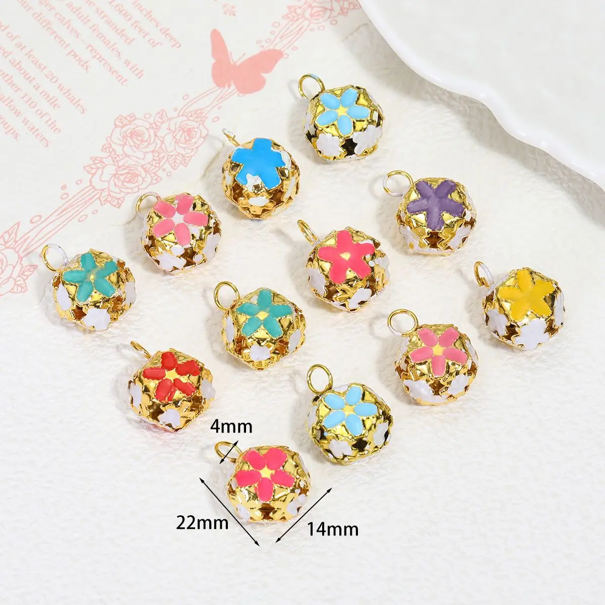 30pcs/lot Colorful Jingle Bells Gold Plated Flower Shaped for Party Christmas Decoration Handmade Accessories 14mm CP0584