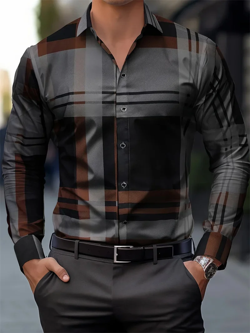 Men's Plaid Striped 3D Printed Long-sleeved Lapel Formal Shirt Simple Business Casual Office Party High-end Clothing Men's Top