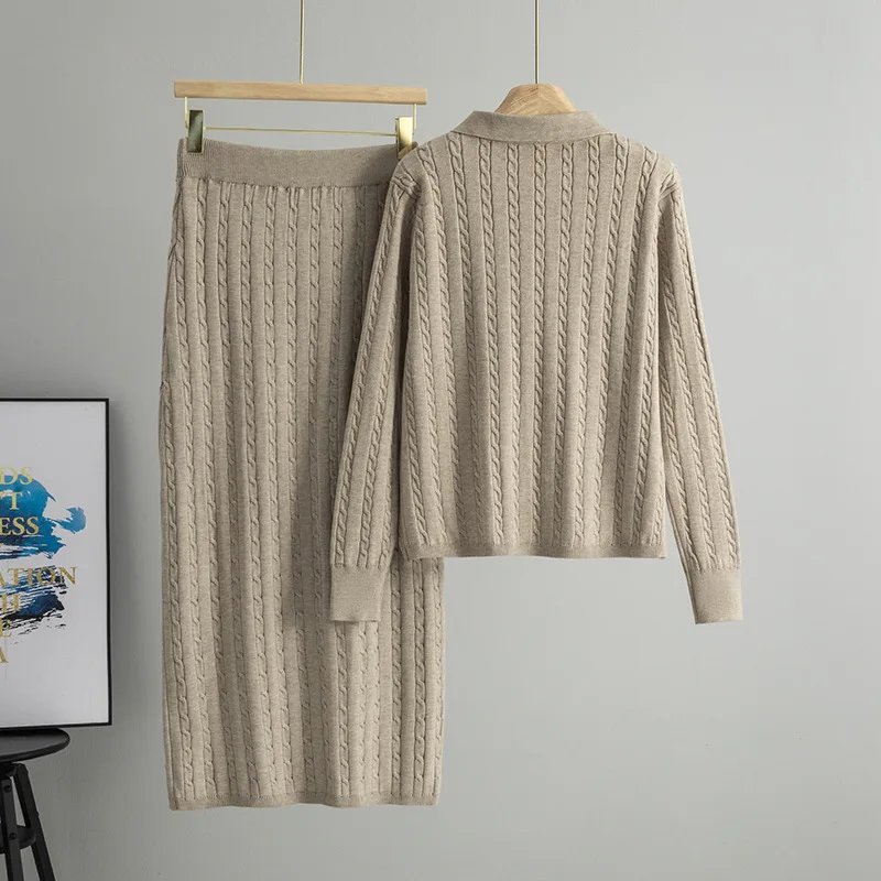 Korean Casual Loose Polo Neck Solid Fried Dough Twists Knit Pullover+Lace up Elastic Waist Midi Skirt 2-Piece Suit New Woman