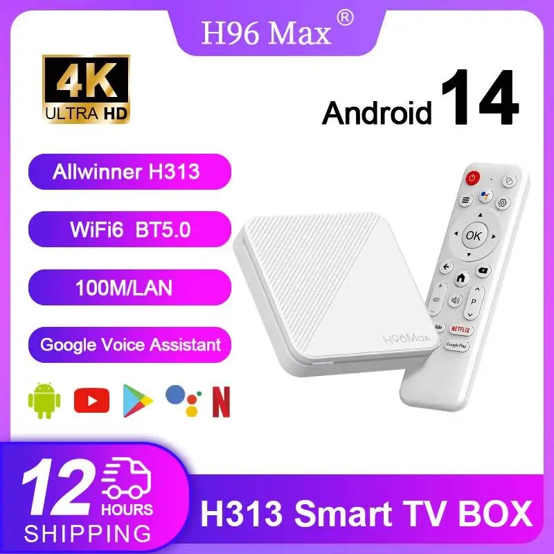 H96 MAX H313 Smart TV Box Android 14 ATV TV Box 4K@60fps 100M/LAN Wifi6 BT5.0 Google Voice Assistant Media Player Set Top Box