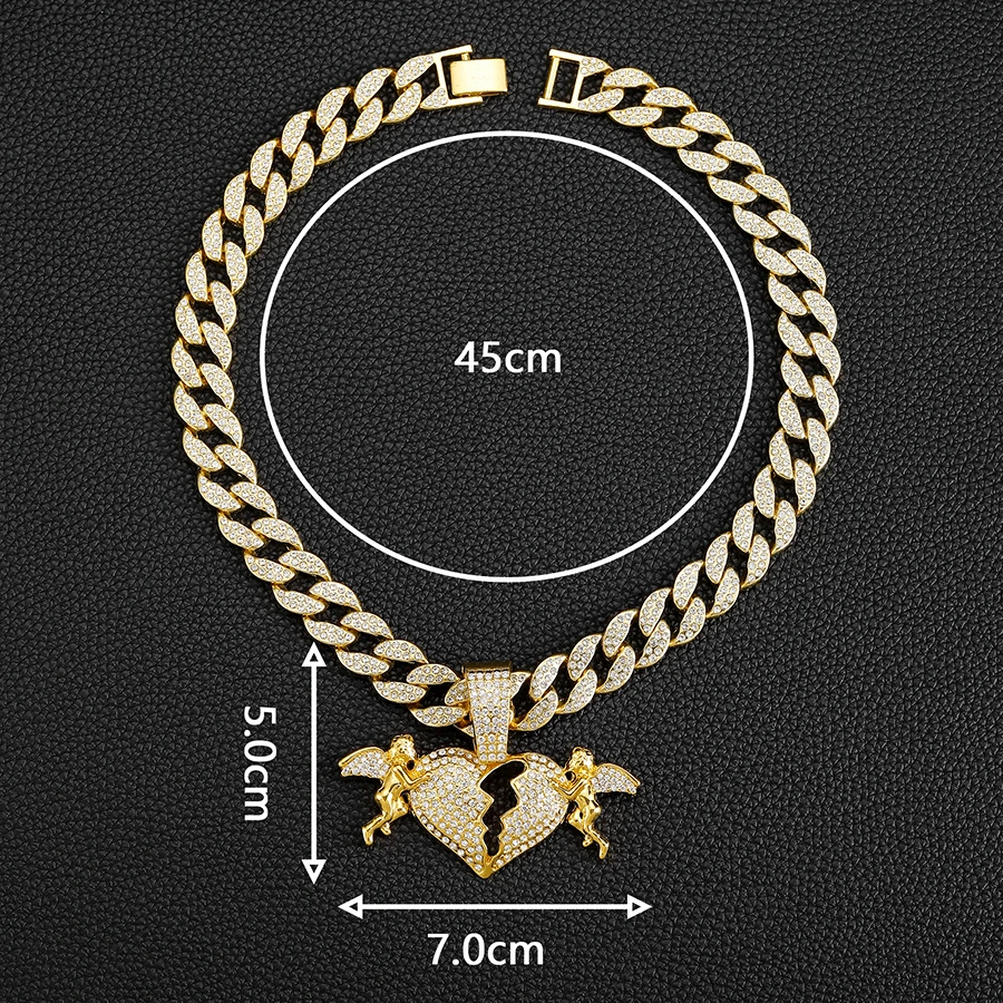 Factory sale Iced Out 15mm Cuban Chain With Hip Hop Alloy And Bling Rhinestone Angel Love Heart Pendant Necklace