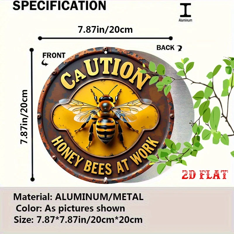 Round Aluminum Sign with a 2D Flat Honeycomb Design,Rustic Metal Wall Art Featuring a Busy Bee, Perfect for Nature Warning Decor