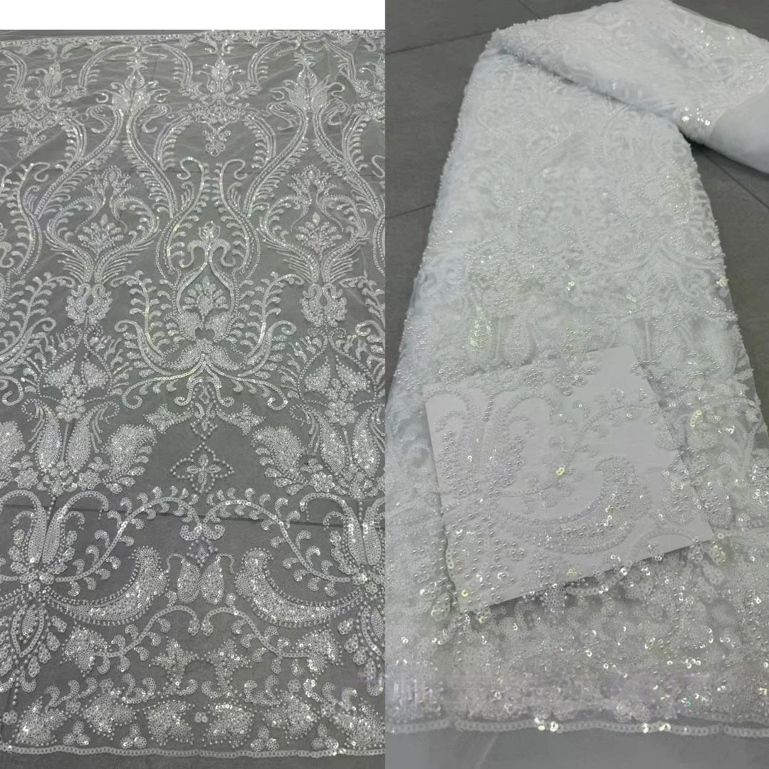 6 Style Heavy Embroidered Sequin Beads Crystal Fabric For Wedding Dress Glitter Tissus Dry Diamond Lace Material