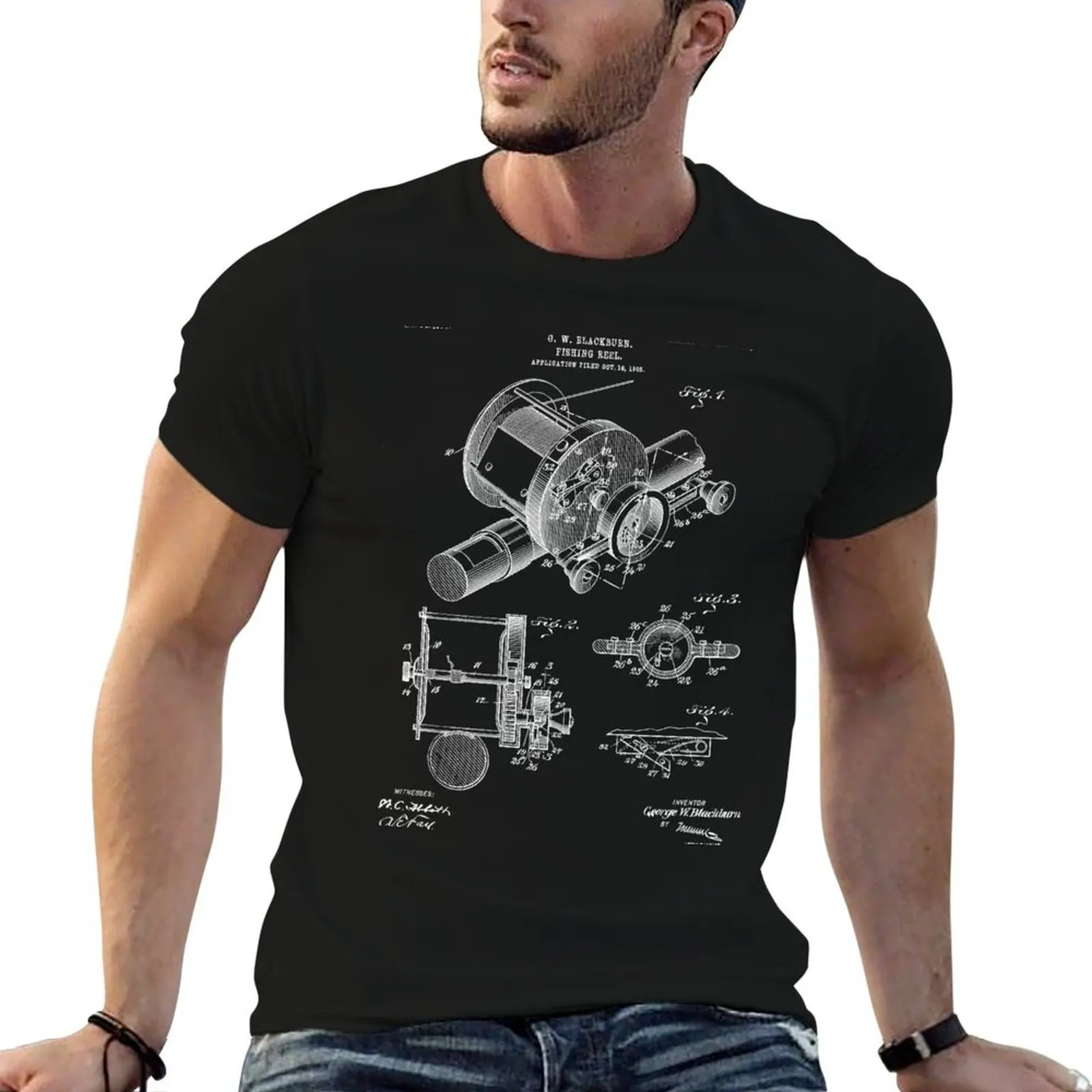 Fishing Reel Patent - Fishing Rod Art - Black Chalkboard T-Shirt Blouse vintage anime t shirts t shirts for men cotton