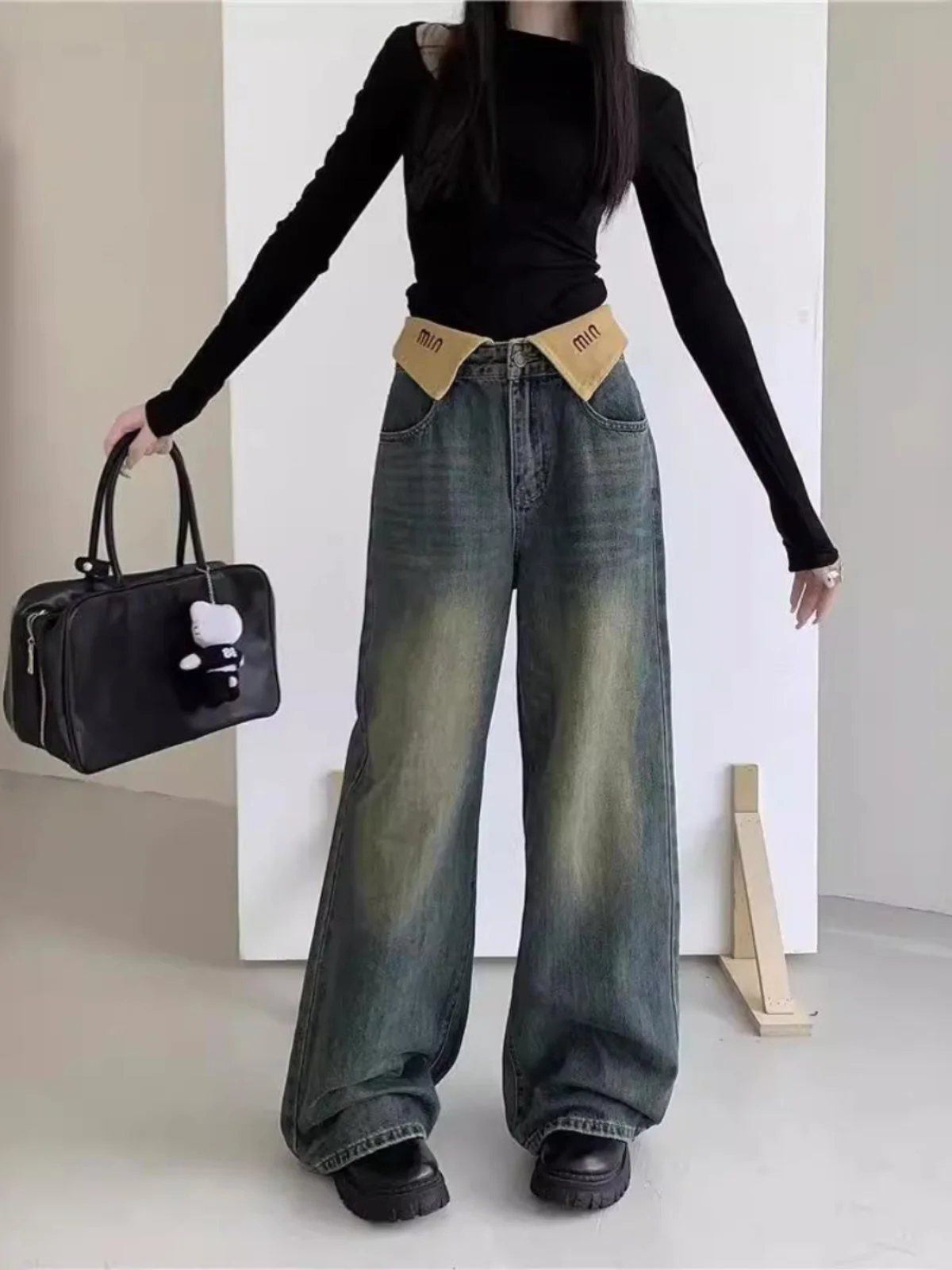 High Waist Cuffed Straight Leg Jeans Women's Spring Autumn Slimming Long Trousers Narrow Version Wide Leg Trendy INS