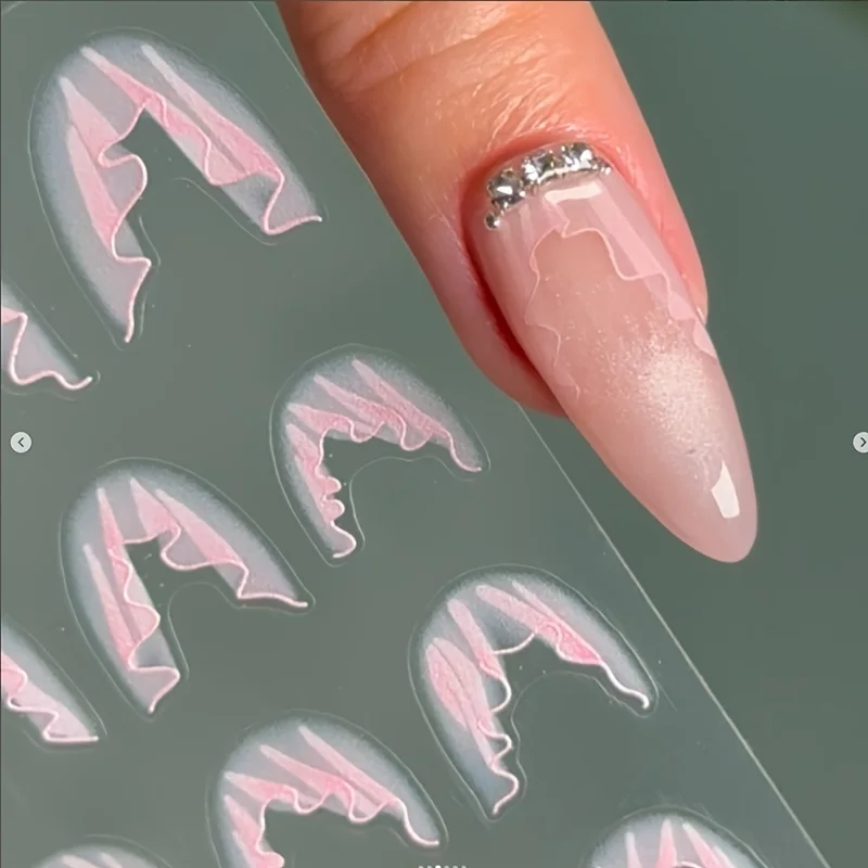 Glossy Pink Press-on Nail French Style Nail Sticker Self-adhesive wedding Nail charm 3D Adhesive DIY Nail Decoration