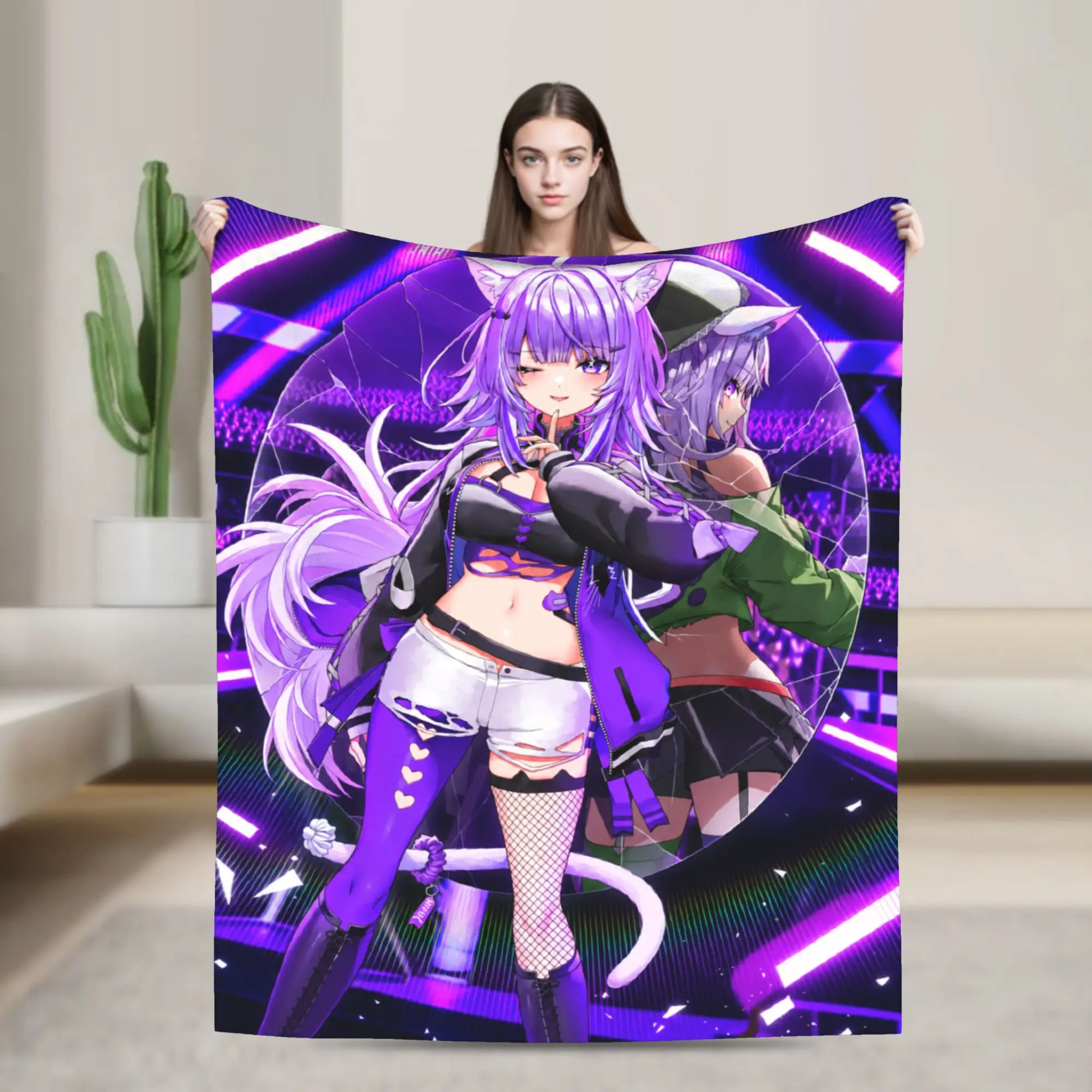 Hololive Gamers Nekomata Okayu Neon Flannel Blanket Autumn Warm Soft Throw Blanket for Child Outdoor Pattern Bedspread Bed Cover