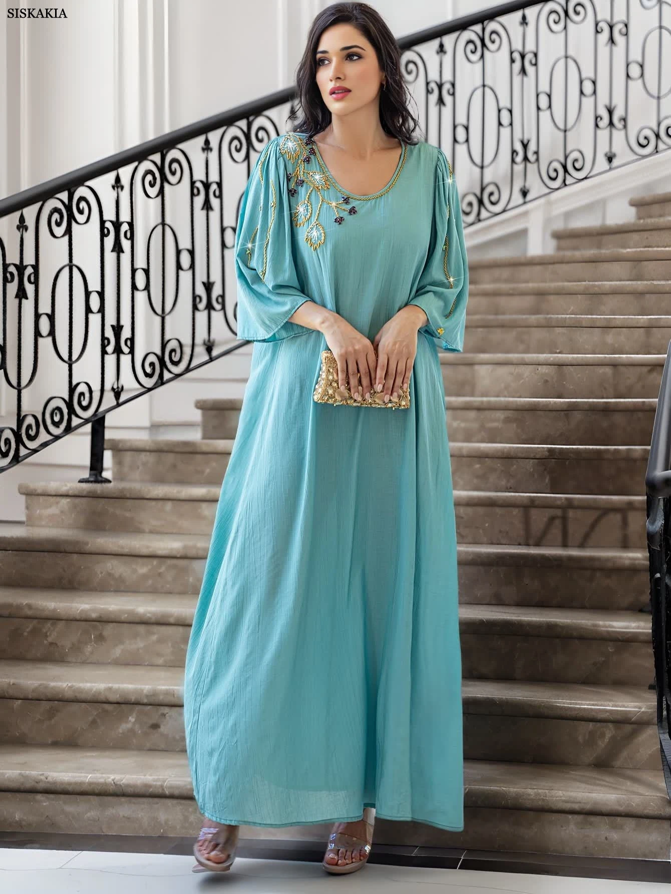 Siskakia Dubai elegante vestido de noite feminino com miçangas e gola redonda 	 Abaya Três Quartos Kaftan Flare Manga Caftan Marocain Femme