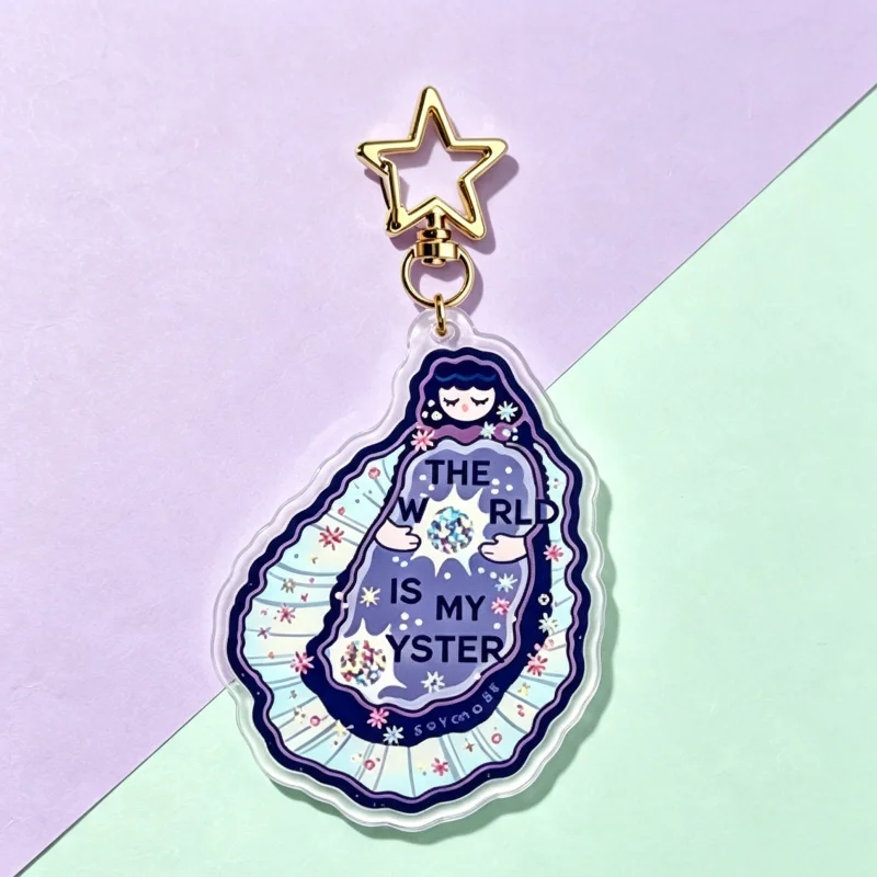 Oyster Girl Acrylic Keychain The World Is My Oysters Keyring Cute Bag Charm Creative Inspirational Quote Gift For Women Girls