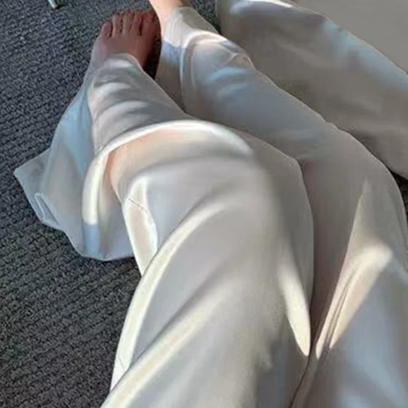 Waist Satin Wide Leg Pants White Black Pants Women Summer Thin Loose Casual Pants Fashion Solid All-match Straight Trousers