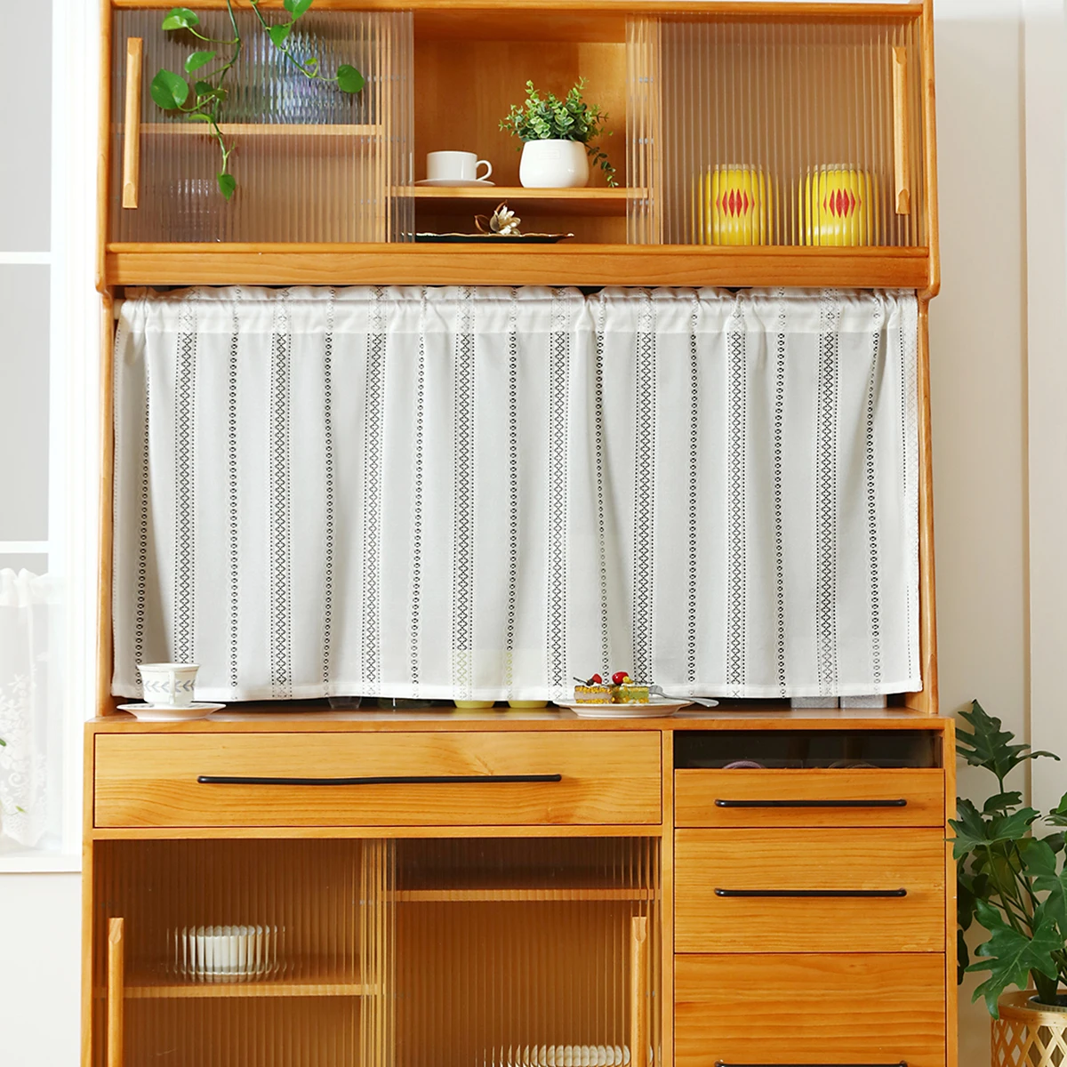 1pc White Polyester Material Valance for Living Room,Rod Pocket,Modern Stripe Short Curtain for Window,Door and Cabinet Decor