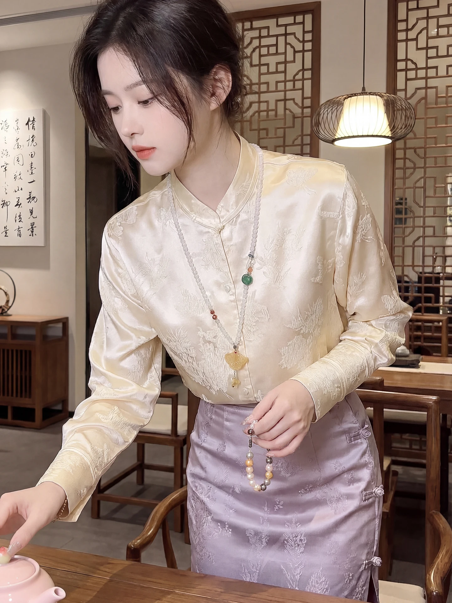 

Silk Emed Floral Women's irt Stand Collar Long Sve Spring Season Chinese Sle Clothing Breathable Comfortable Casua...