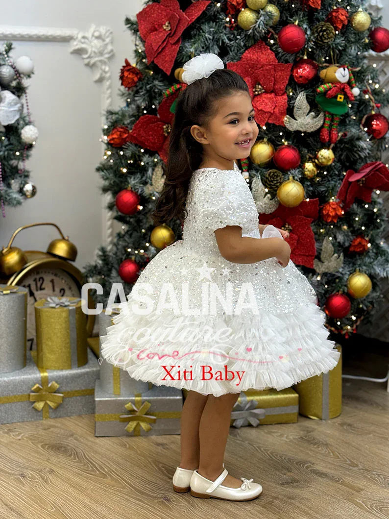 Summer Short Sleeves Infant Toddler Flower Girl Dress Wedding Birthday Princess Tulle Pageant Dress Sequins Formal Prom Gowns