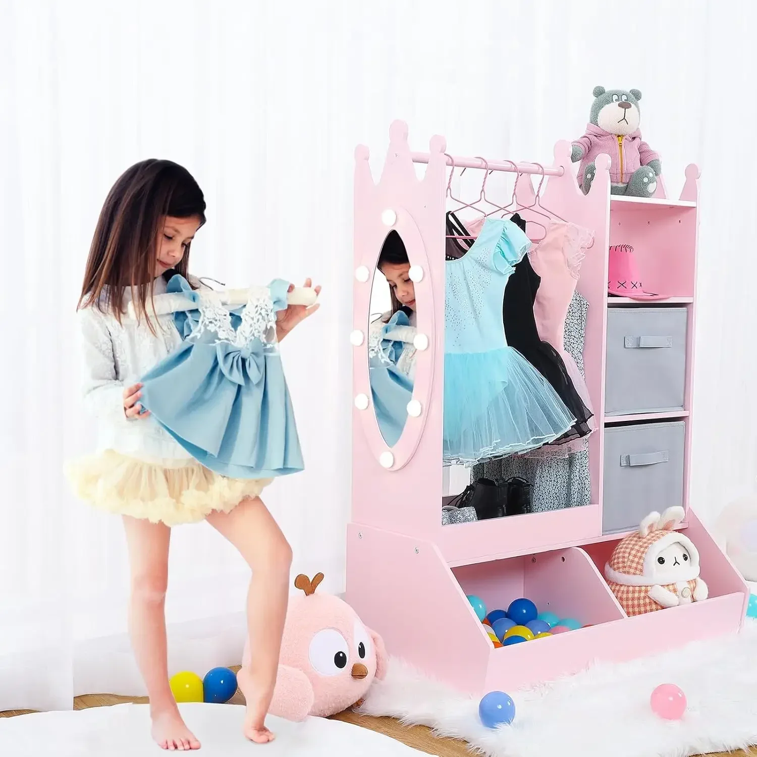 

Girls' Dress Up Storage, Kids Costume Wardrobe with Lighted Mirror & Storage Bin, Pink