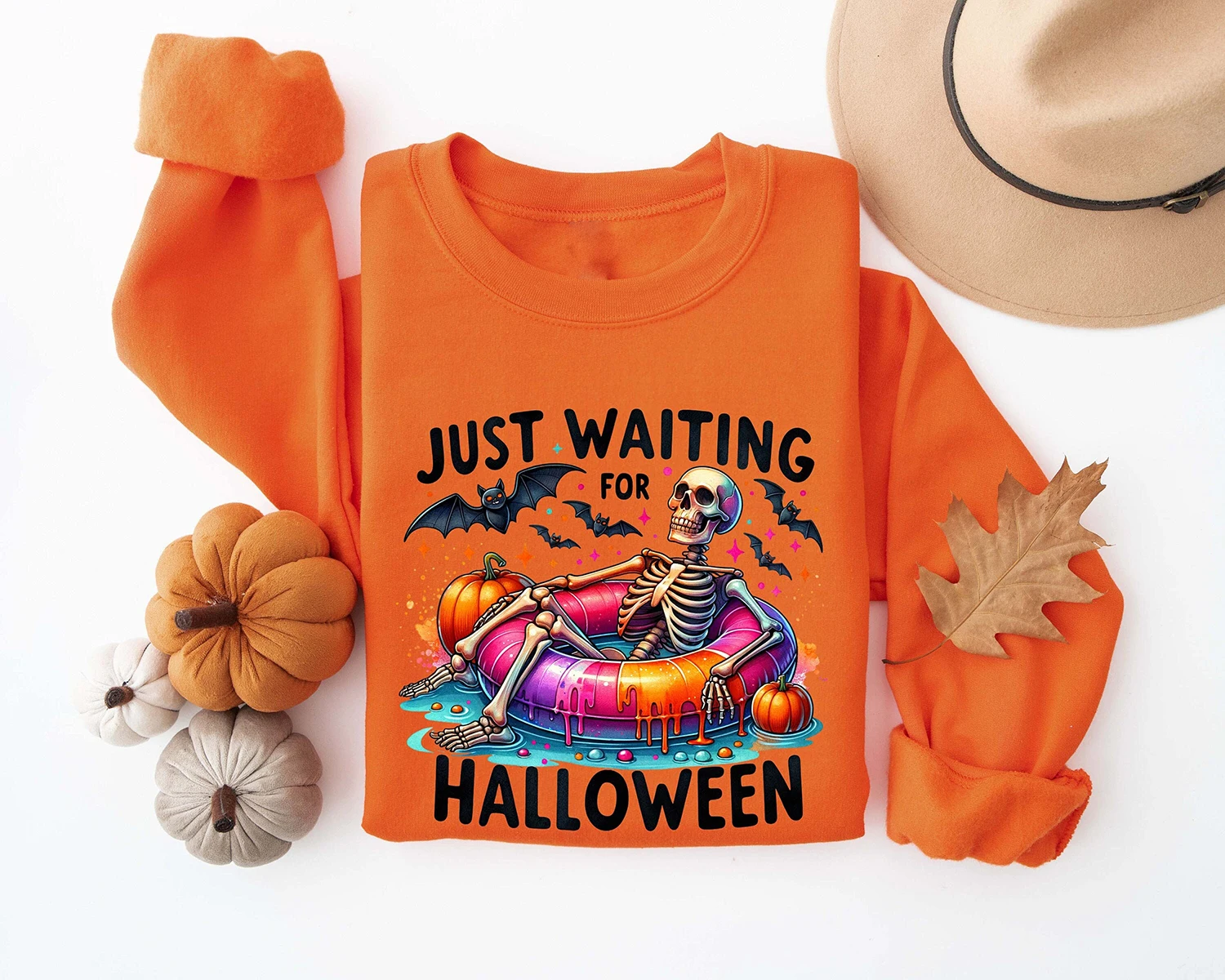 

Just Waiting for Halloween Slogan Women Sweatshirt Cute Cartoon A Skeleton Sitting on A Swimming Ring Funny Print Female Tops