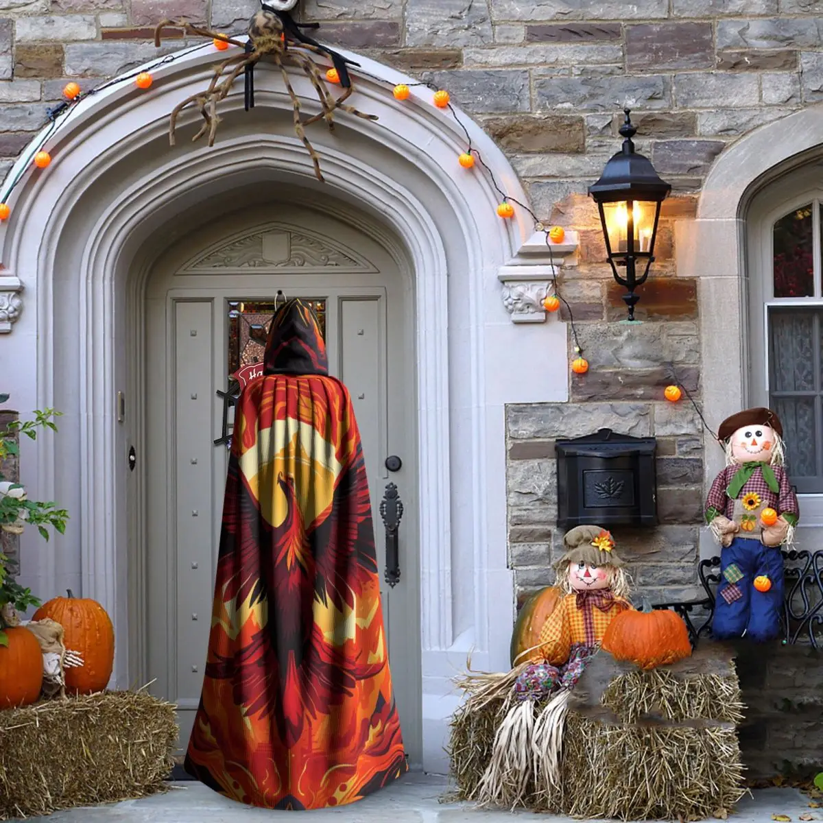 フェニックス 神話上の鳥 火の翼を持つ 長いフード付きマント 魔女 中世の衣装 コスプレケープ ハロウィンヴァンパイア 大人用 ユニセックス