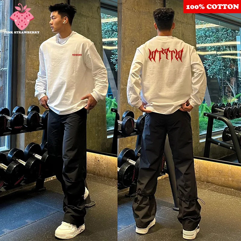 

Street Hip Hop Letter Print T-shirt Men's 100% Cotton White O-Neck Long sleeves Loose Casual T-shirt Black Y2k Tops Men clothing