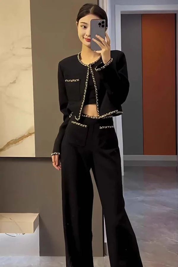 

【Комплект из двух предметов】Осенний новый комплект с цепочкой: короткая куртка с широкими брюками с высокой талией