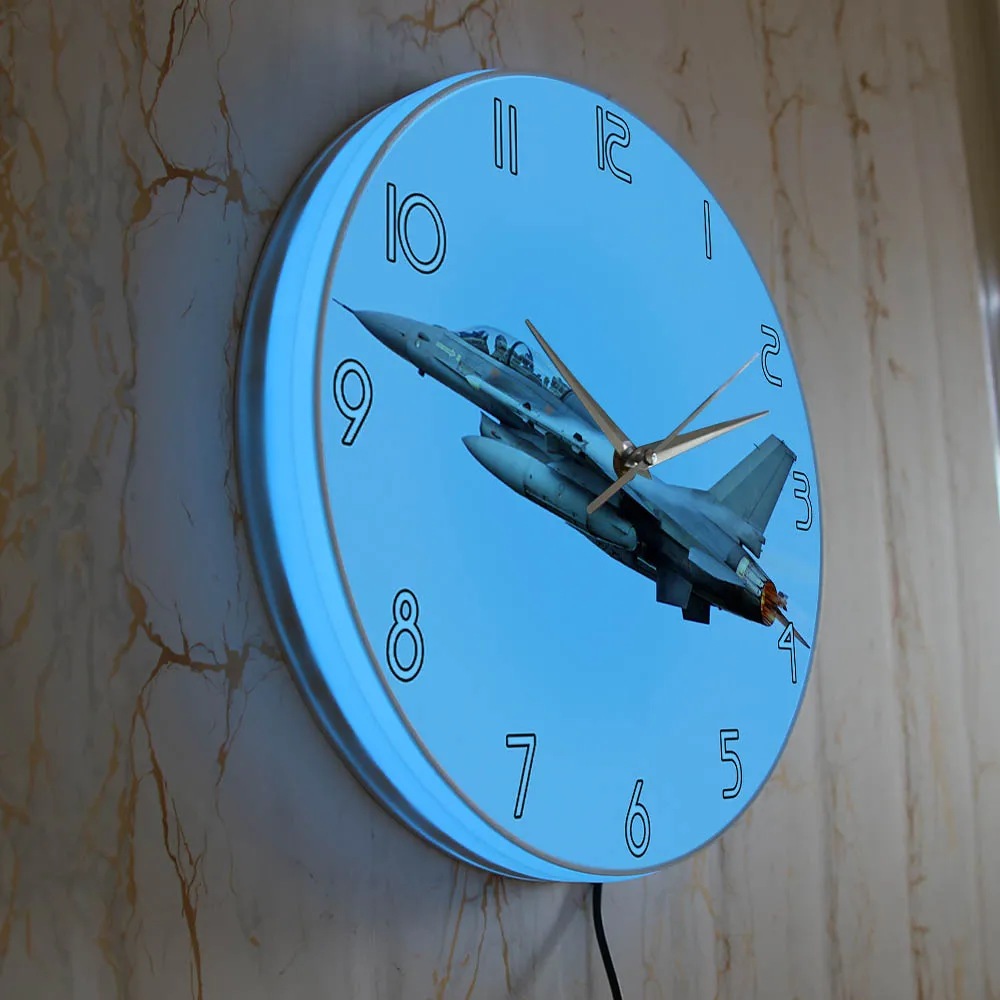 Fighter Jet Airplane LED Backlit Wall Clock For Aviator Man Cave Bedroom Military Aircraft Attack LED Lighted Clock Bedside Lamp