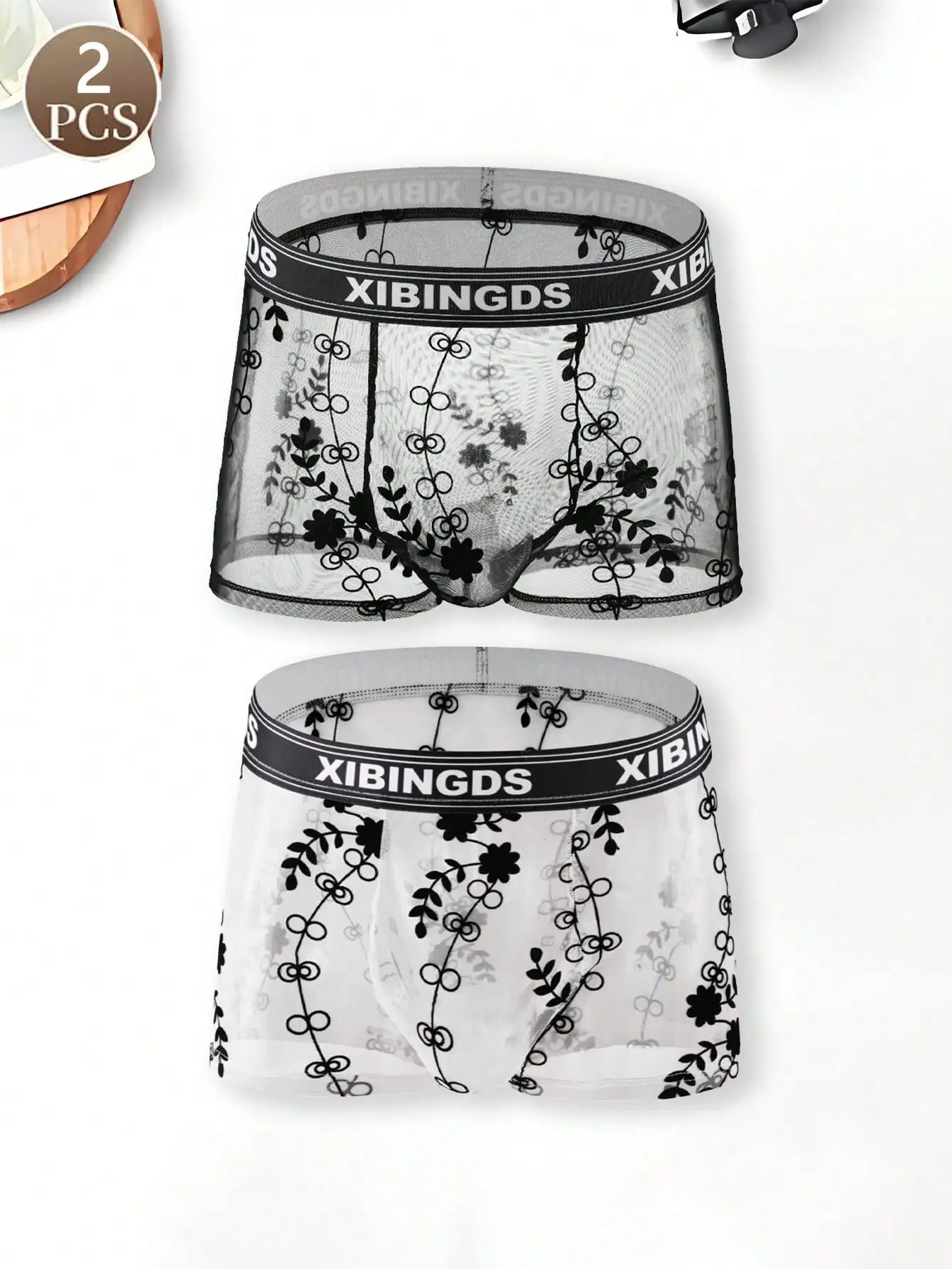 2PCS  Semi transparent mesh men's underwear  With letter print  mid waist men's  underpants Personalized  fashionable  panties