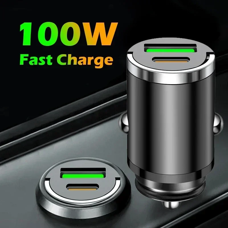 Car Charger Cigarette Lighter Mini Pull Ring Dual Ports USB 100W Fast Charging Phone Charger Adapter for iPhone Xiaomi Huawei