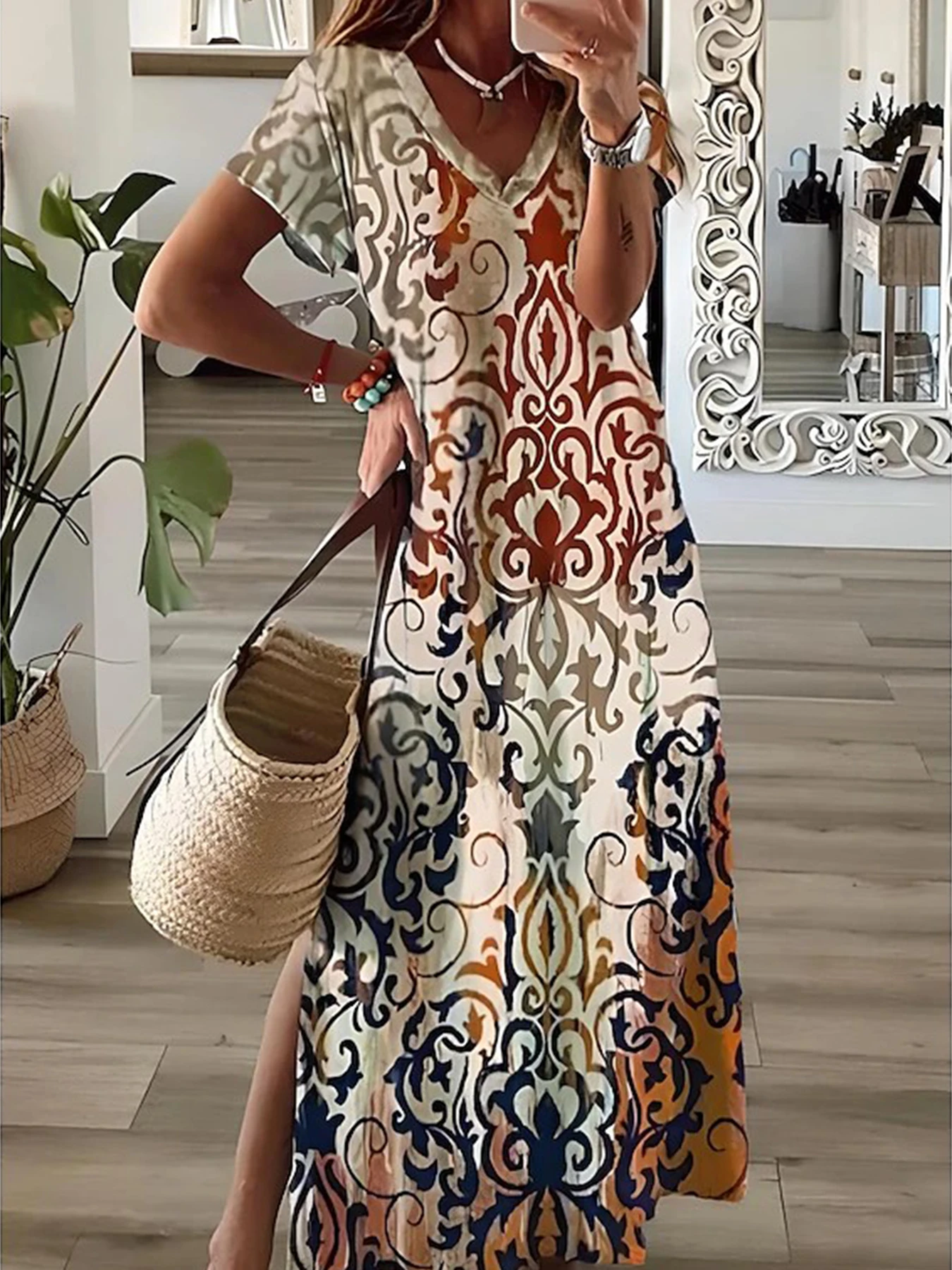 Damen-Maxikleid, lässig, kurzärmelig, T-Shirt-Kleid, V-Ausschnitt, Sommerkleid mit Seitenschlitz, A-Linie, grafisches Pulloverkleid für den Trend