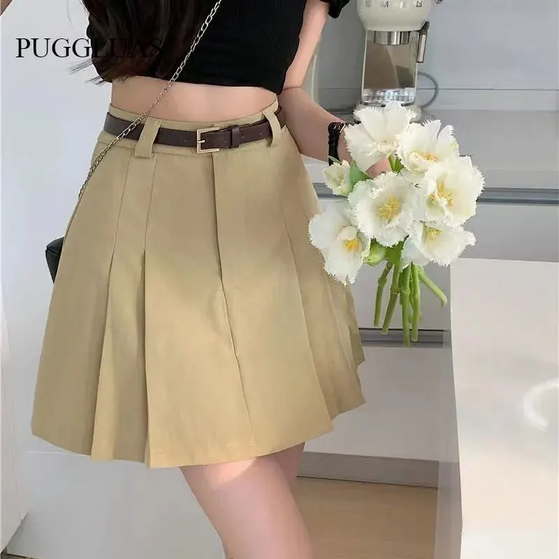 

Vintage Y2K Women's Mini Skirt With Belt Summer High-waisted High Street Black Skirts Elegant A Line Pleated Khaki Skirt Faldas