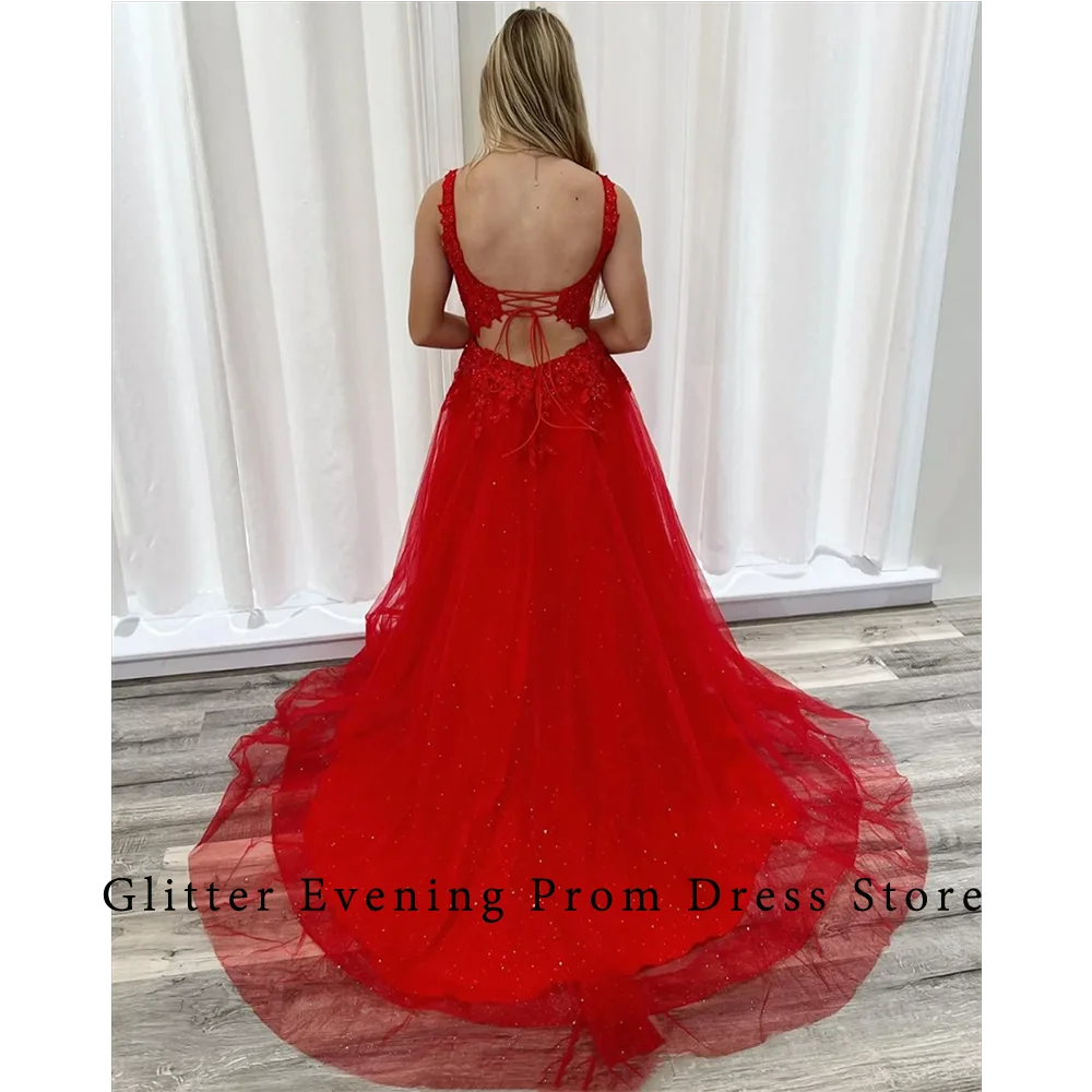 Red Elegant Sexy Prom Dresses For Women A-Line Slide Split Tulle Appliques Backless Custom Made Birthday Evening Party Grows