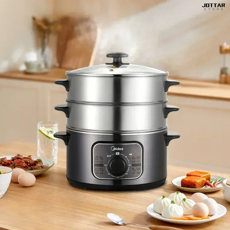 Three-Layer Electric Steamer - Household Multifunctional, Large Capacity, Stainless Steel, Timing Automatic Power-Off Cooker.