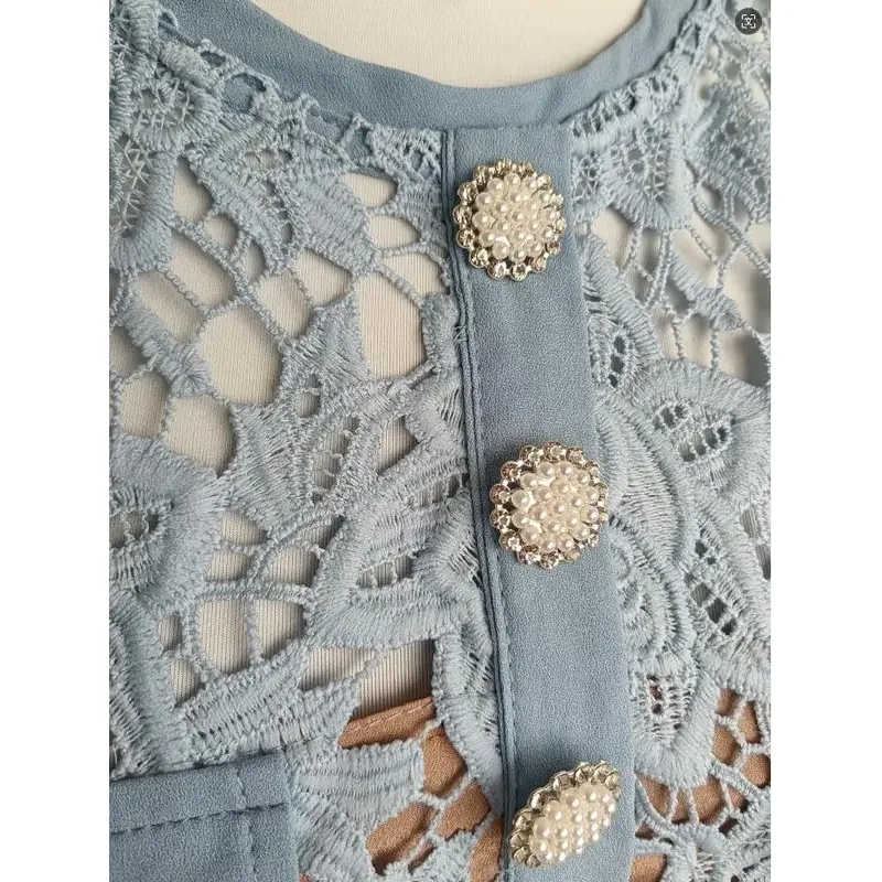 女性のための刺繍レースドレス,花柄,ボタンベルト,パーティー用の青いフリル,夏