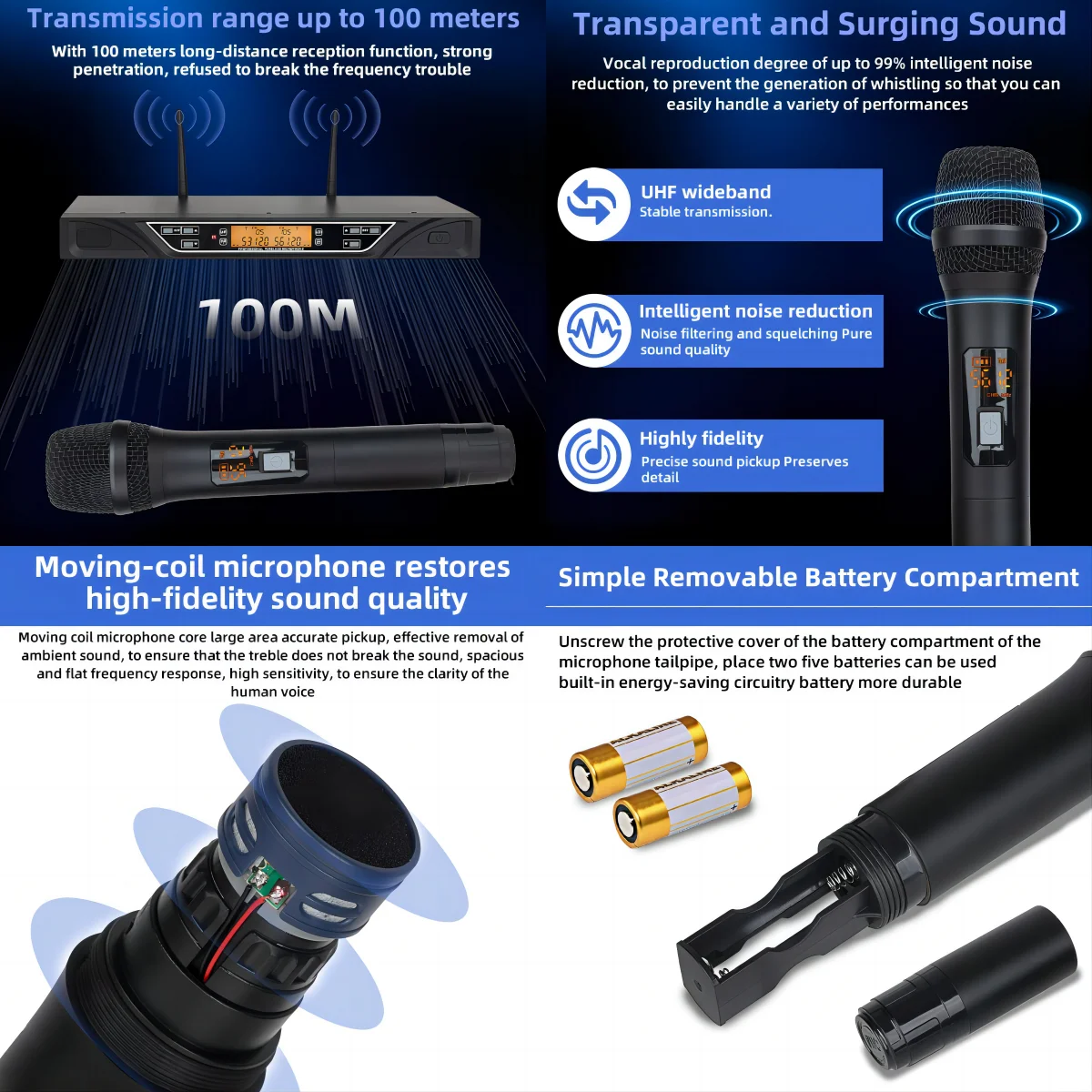 Set microfono wireless professionale Attrezzatura per spettacoli teatrali UHF Funzione di cancellazione del rumore Attività all'aperto Karaoke