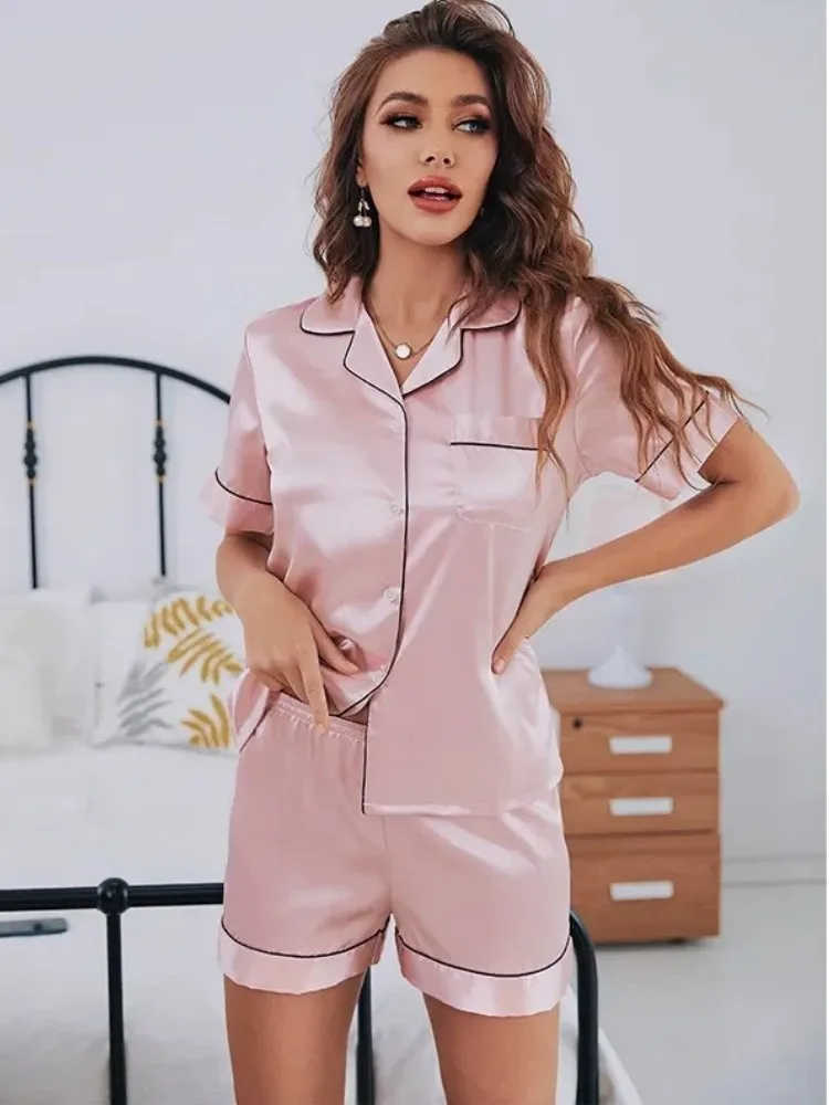 Sommer-Pyjama-Set aus Seidensatin für Damen, Nachtwäsche, kurzärmliges Oberteil mit Knöpfen und Shorts, zweiteilige Pyjama-Sets, Loungewear