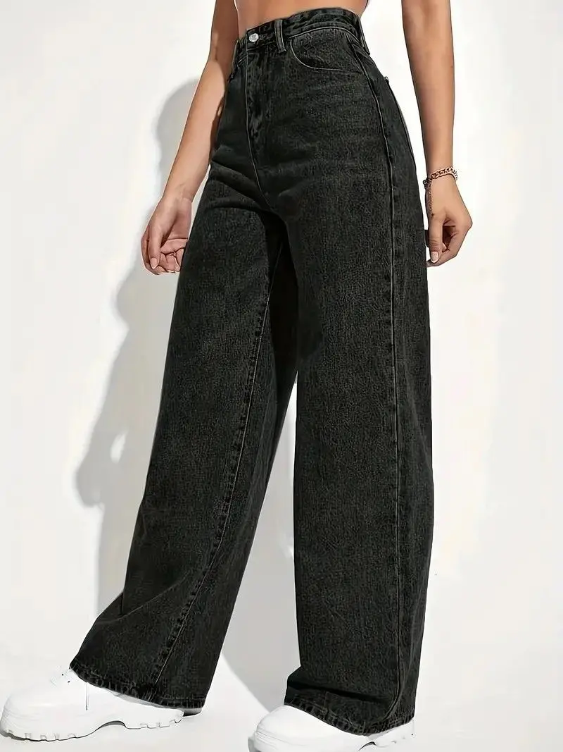Fashion retro blue jeans women y2k High street baggy straight pants High waisted all-in-one slim pants