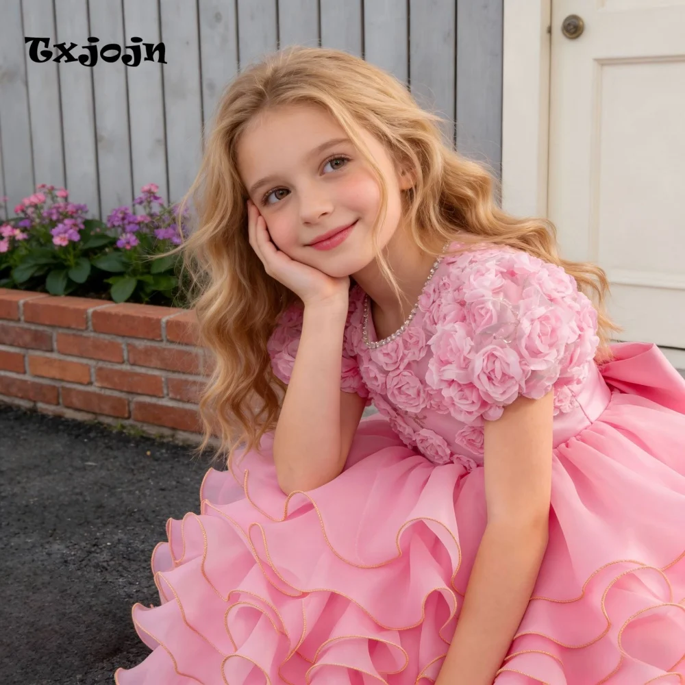Girl's Dress 3-14 Years Old Girl's Puff Sleeve Princess Dress Long Tiered Mesh Dress Wedding Dress Flower Girl Performance Dress