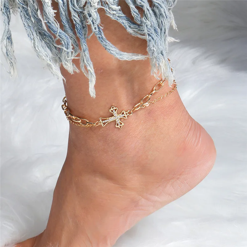 Aihua Gothic Goldfarbenes Kristallkreuz-Fußkettchen für Frauen, Fußschmuck, Sommer, Strand, sexy, weibliches Barfuß-Knöchelarmband für das Bein – Detail 3
