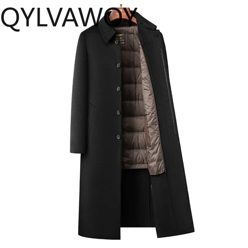 

Мужская куртка QYLVAWOY из 75% шерсти, высококачественная зимняя куртка средней длины с отложным воротником, со съемным утеплителем из утиного пуха, теплая одежда для мужчин