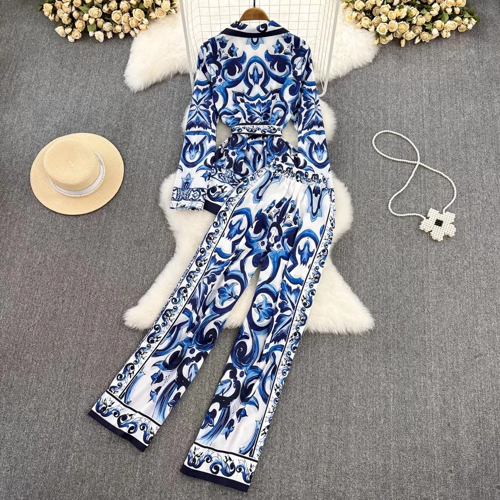 Runway Fashion Single Breasted Blue And White Porcelain Print Blouse+Wide Leg Pants 2 Pieces Set Women Chic Designer Outfits