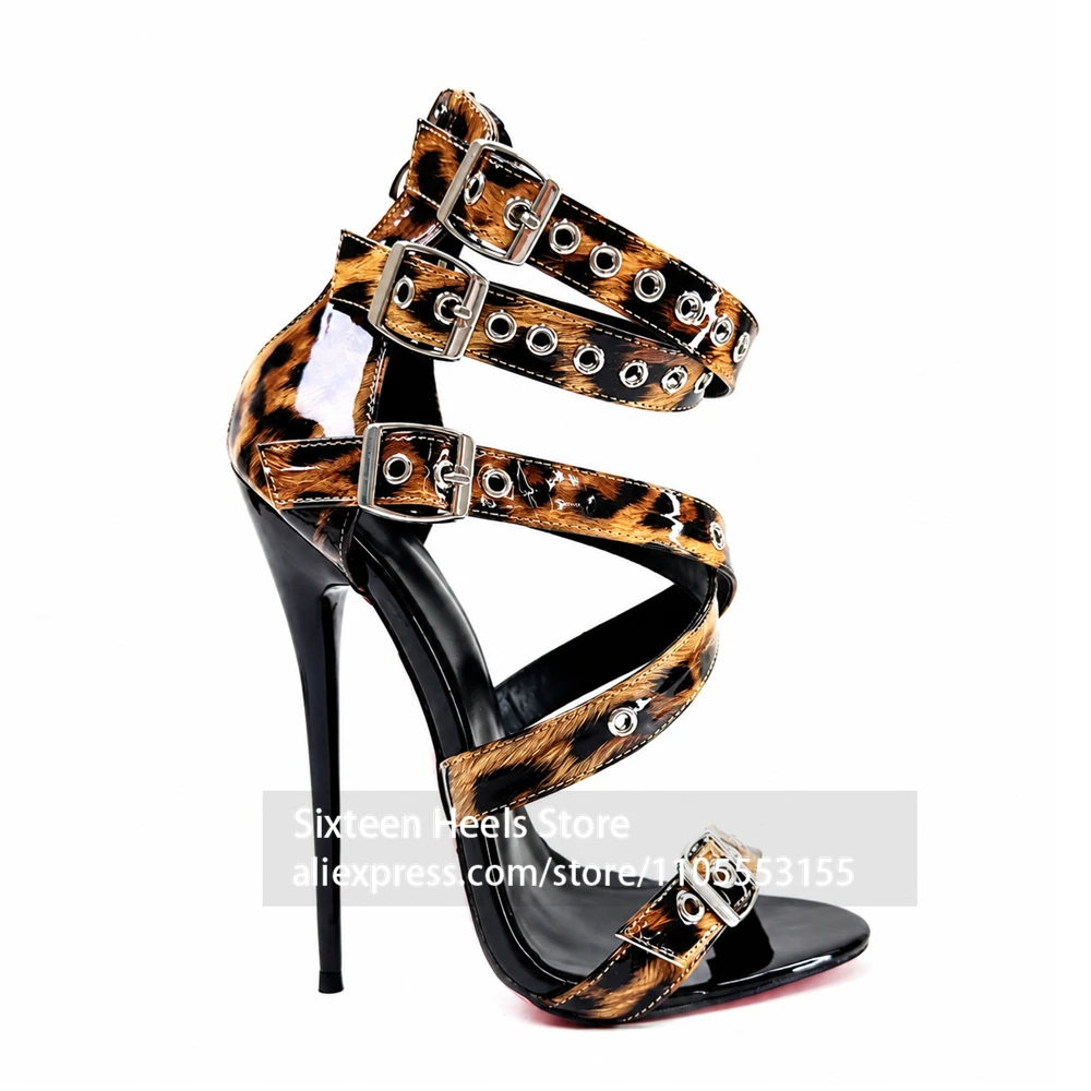 16cm Patent Leather Multi Buckle Sandals Strappy Stiletto Heel Summer Shoes Ultra High Heel Ankle Wrap Women Sandals Customized