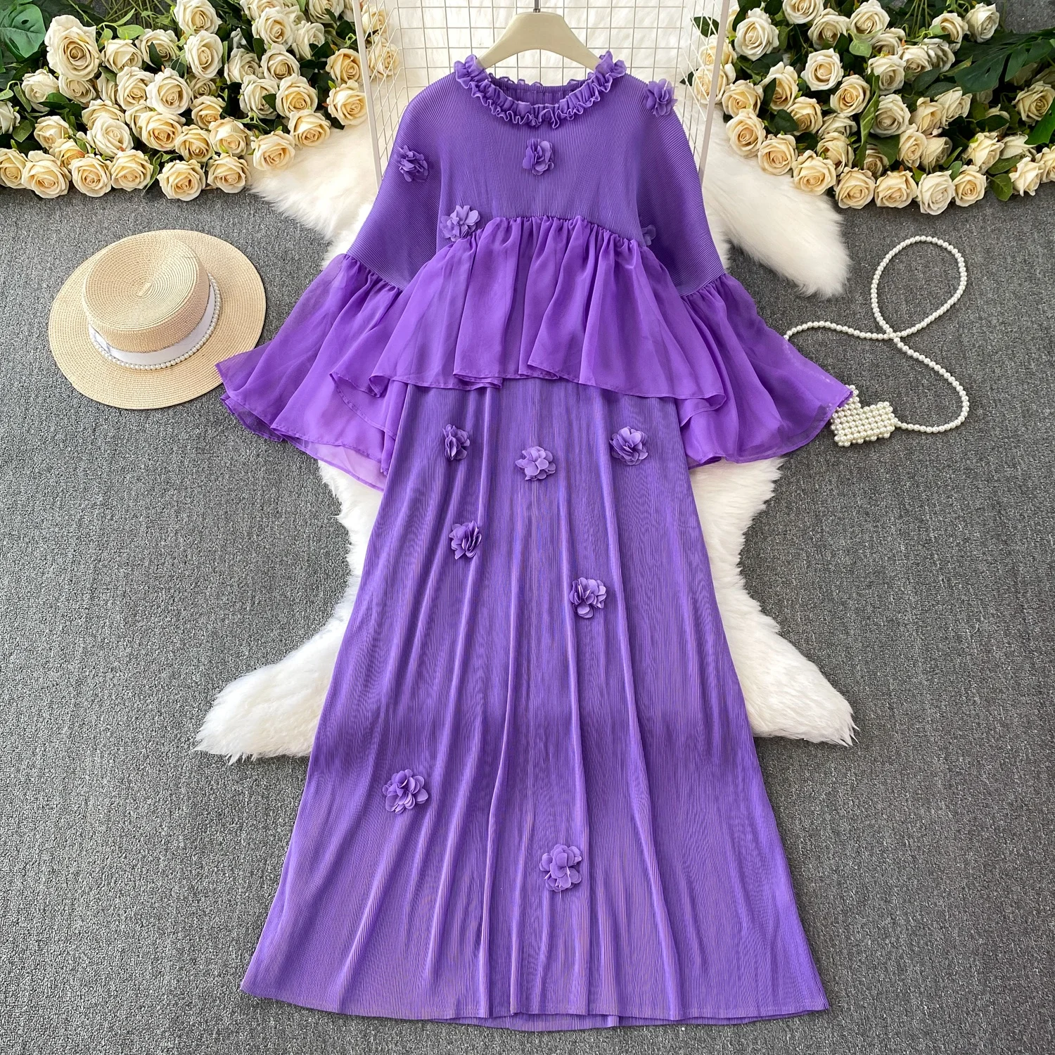 Długa sukienka midi z kwiatowym wzorem, zdobiona, z wysokim stanem, rozkloszowana, dla kobiet, idealna na imprezę.