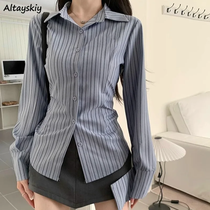 Long Sleeve Shirts Women Striped Temperament Female Slimming Tops Single Breasted All-match Tighten Waist Sexy Spicy Clothing